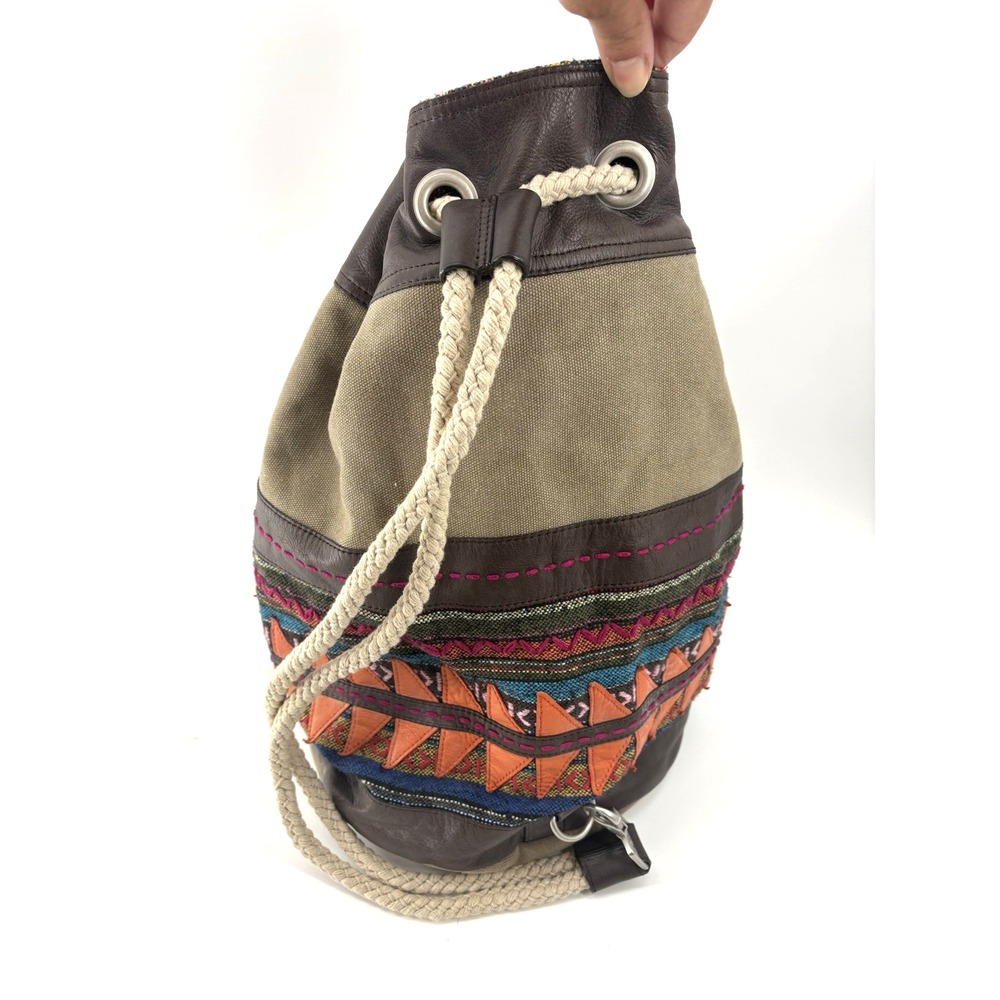TOMS Canvas Drawstring Pouch Sak Bag Geometric Embroidered Boho Faux Leather